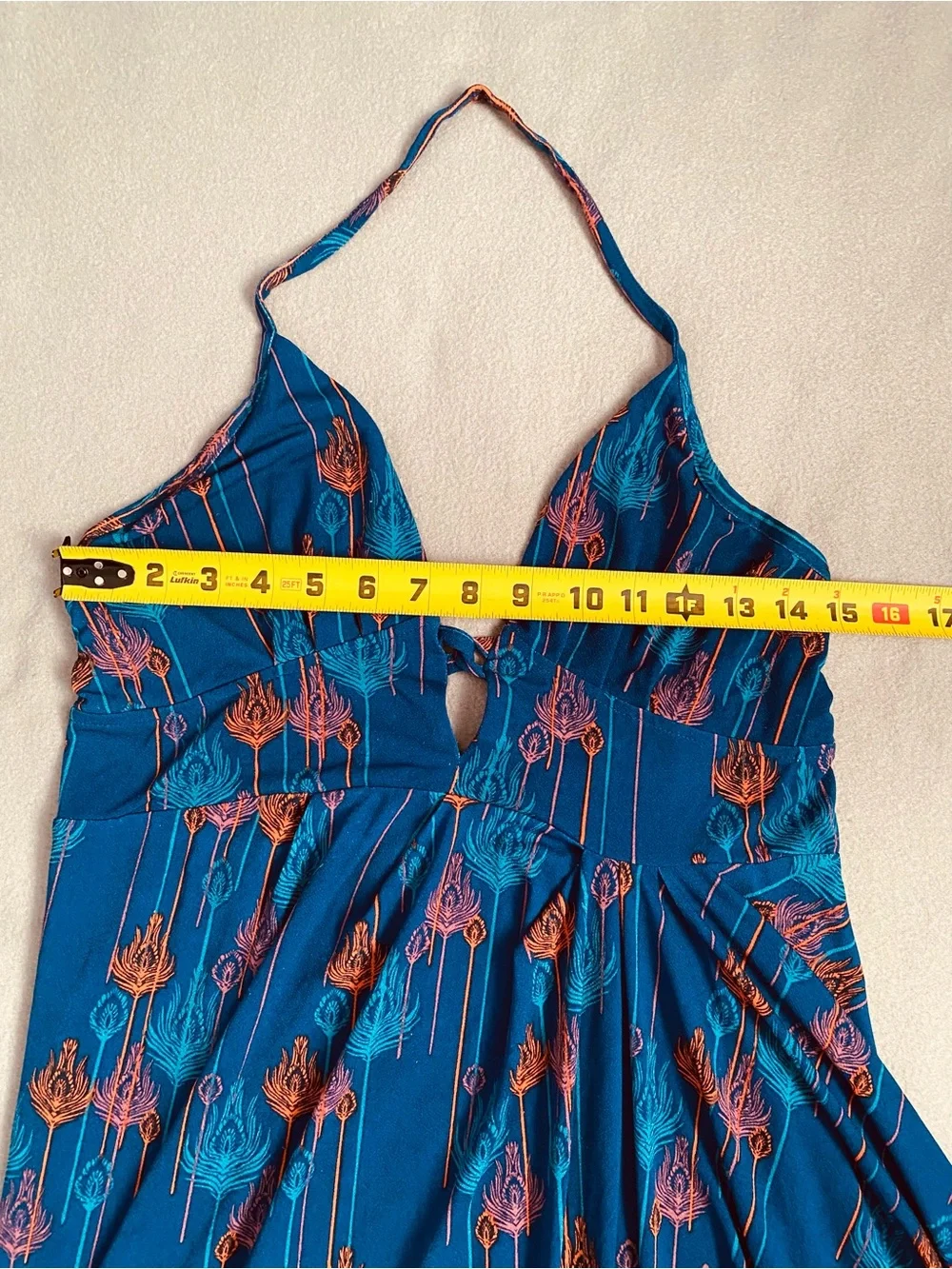 Free People Halter Mini Blue Orange Peacock dress Size M Open Back Asymmetrical